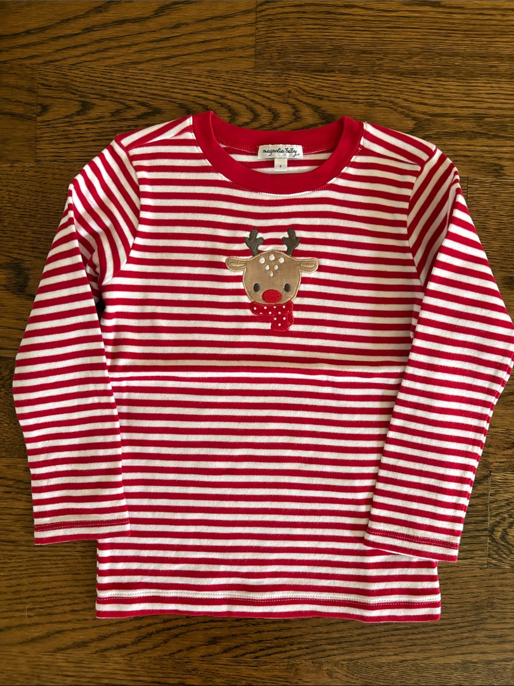 Red & White Striped Long-Sleeve Tee with Reindeer Appliqué